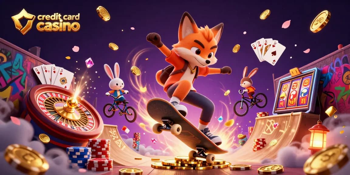 Experience the thrill of a credit card casino with lively characters, poker chips, and dynamic casino elements.