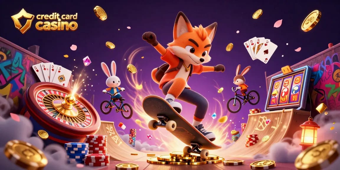 Experience the thrill of a credit card casino with lively characters, poker chips, and dynamic casino elements.