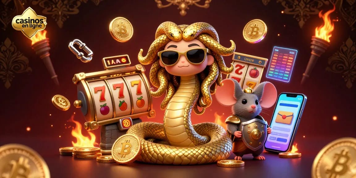 Vivez une expérience de divertissement palpitante aux casinos en ligne avec une illustration 3D de Méduse et d'une souris guerrière.