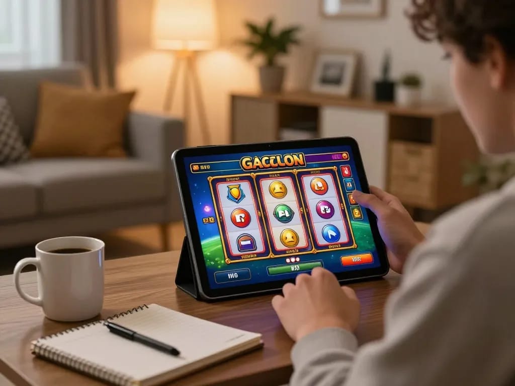 Pemain yang terlibat menikmati permainan slot gacor di tablet di ruang tamu yang nyaman