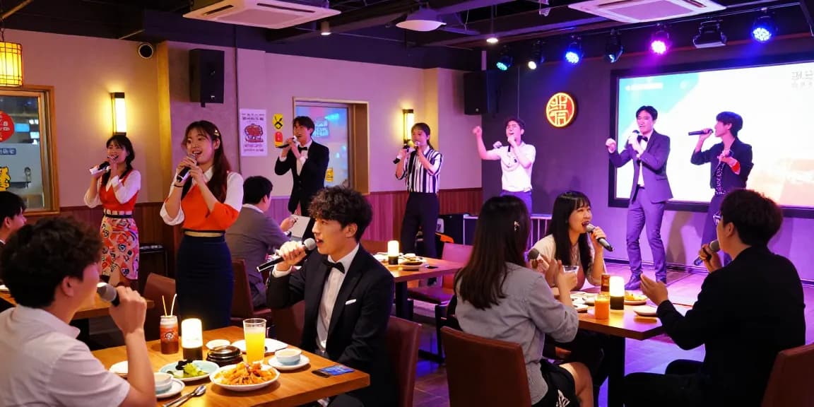 Exciting 제주도유흥 atmosphere at a lively karaoke bar in Jeju Island.