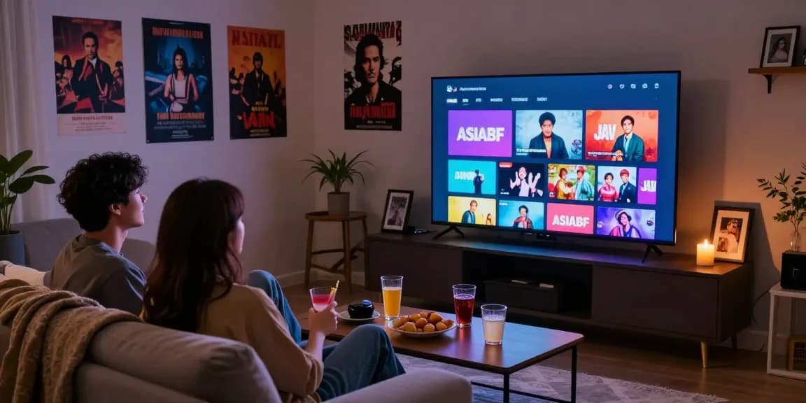 Couple enjoying ASIABF streaming JAV films in a cozy living room.