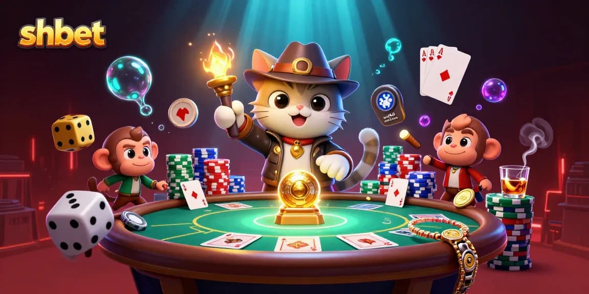 Experience shbet with a 3D cartoon explorer cat uncovering casino treasures amidst vibrant elements.