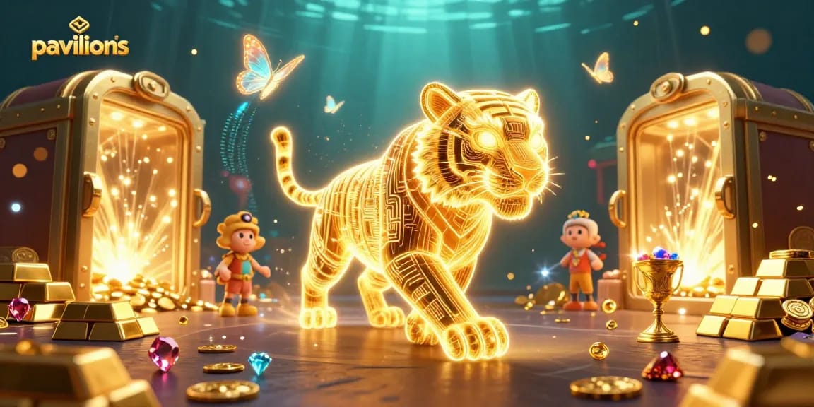 Pavilions casino features a golden tiger in a vibrant digital landscape, rich in treasures.
