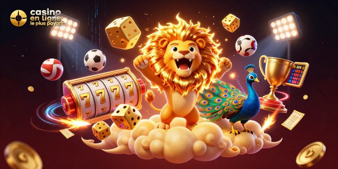 Illustration dynamique du casino en ligne le plus payant avec des éléments de jeux variés et interactifs.