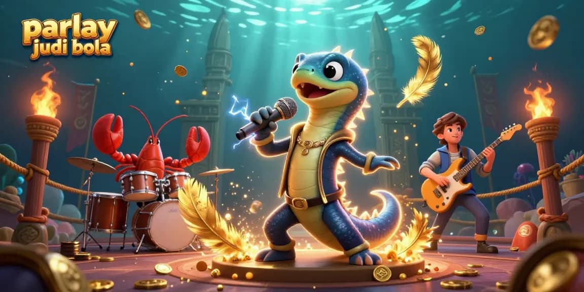 Engage with parlay judi bola as an electric eel DJ dazzles in a vibrant underwater casino scene.