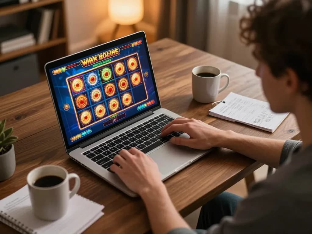 Player enjoying thrilling vt88 online slots with cozy home setup, focused gaming experience.
