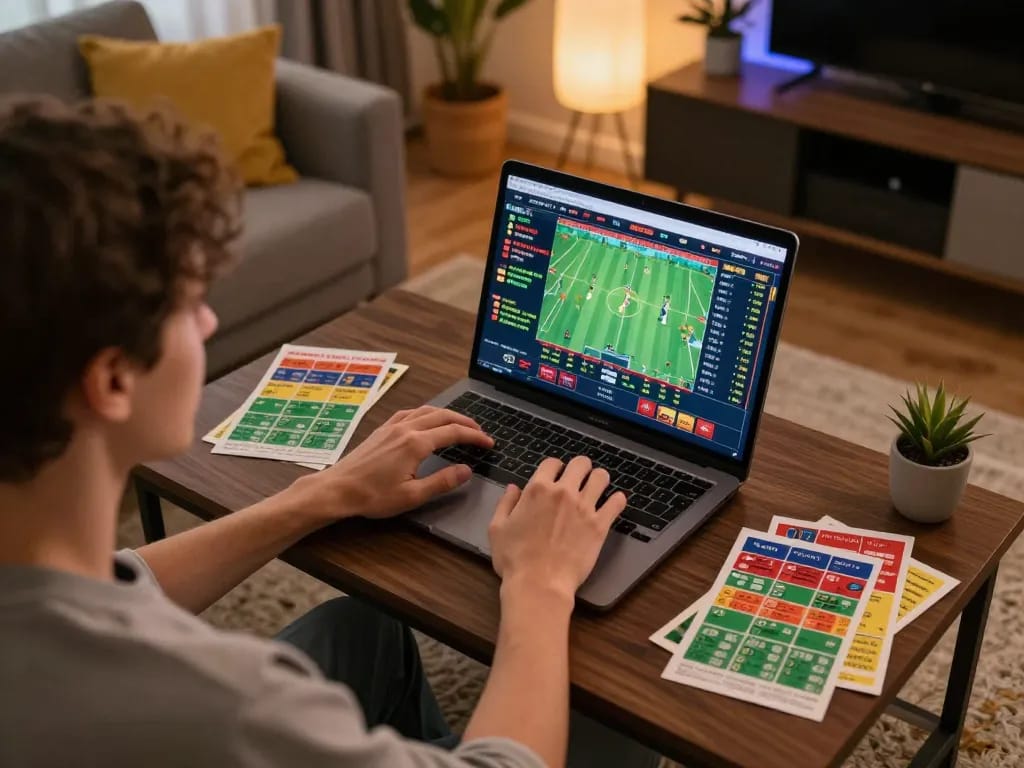 Engaged sports bettor analyzing odds with F8beta2 ink on laptop in cozy setting