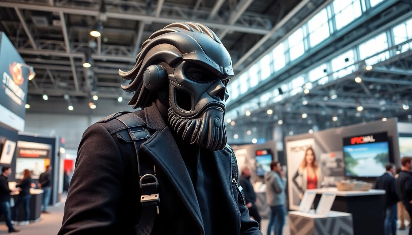 Innovatives Ausstellungsmodell in einer lebhaften Messeumgebung präsentieren.