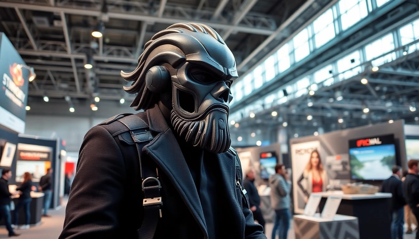 Innovatives Ausstellungsmodell in einer lebhaften Messeumgebung präsentieren.