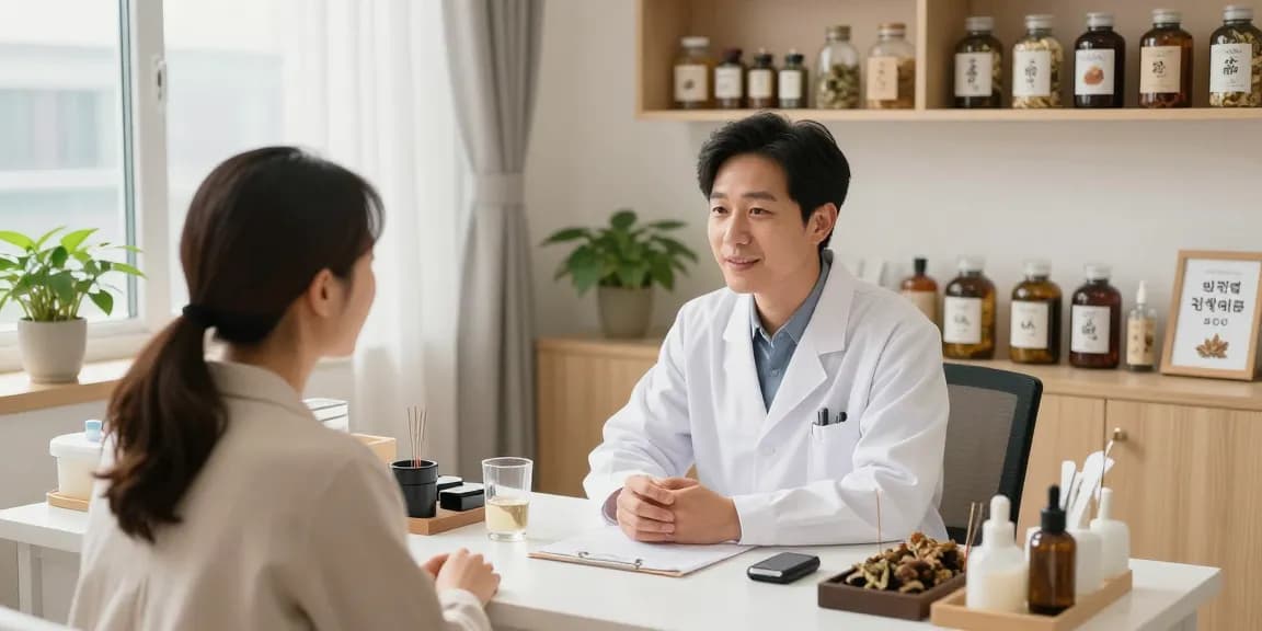 Consultation at 수원한의원 showcasing a modern health clinic atmosphere with herbal remedies.