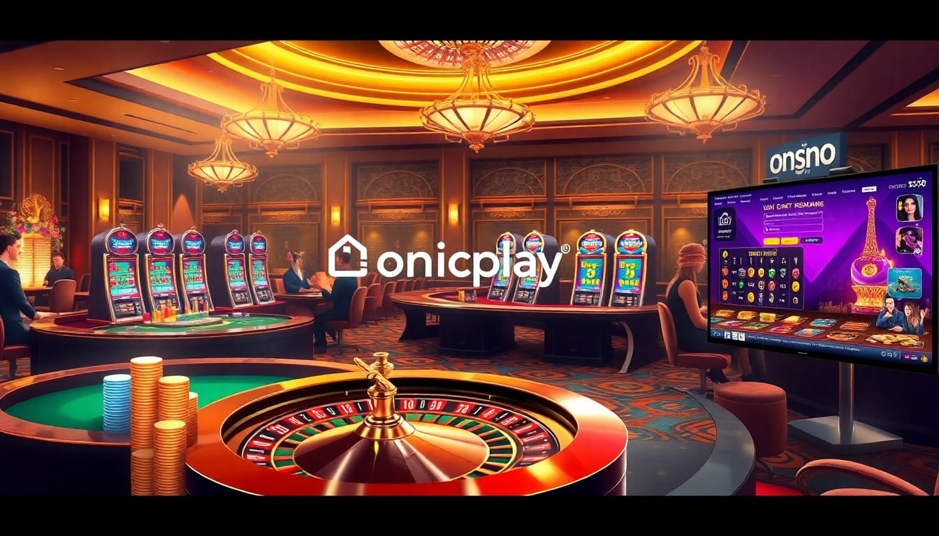Players enjoying an exciting gaming experience at Onicplay, featuring tables, chips, and vibrant slot machines.