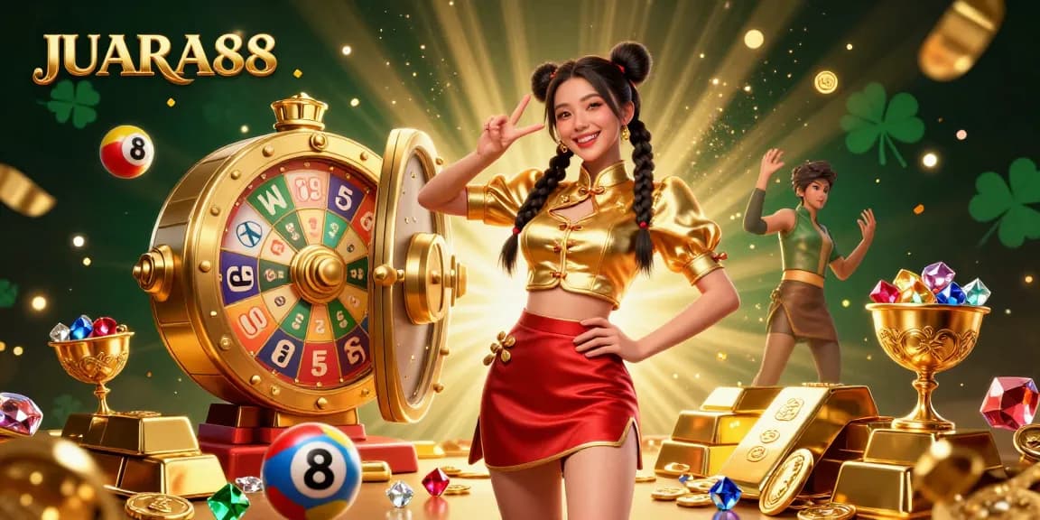 JUARA88 illustration showcasing vibrant casino energy with slots, golden prizes, and cheerful atmosphere.
