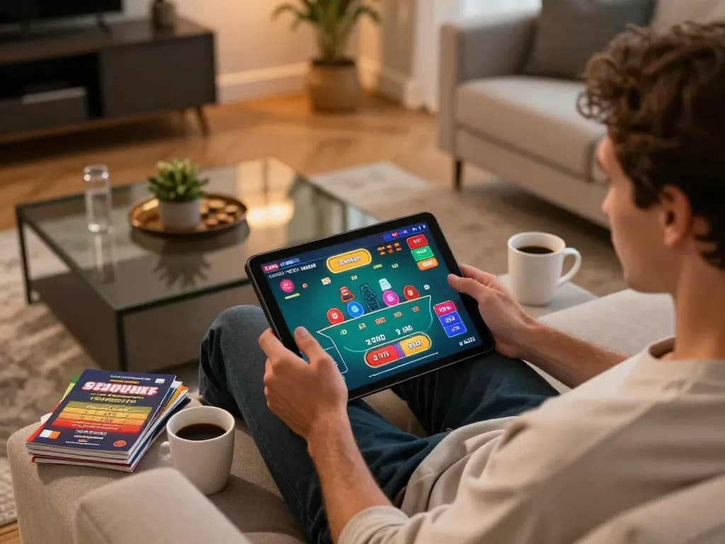 Play online casino with bonus new member on tablet in a cozy home setting