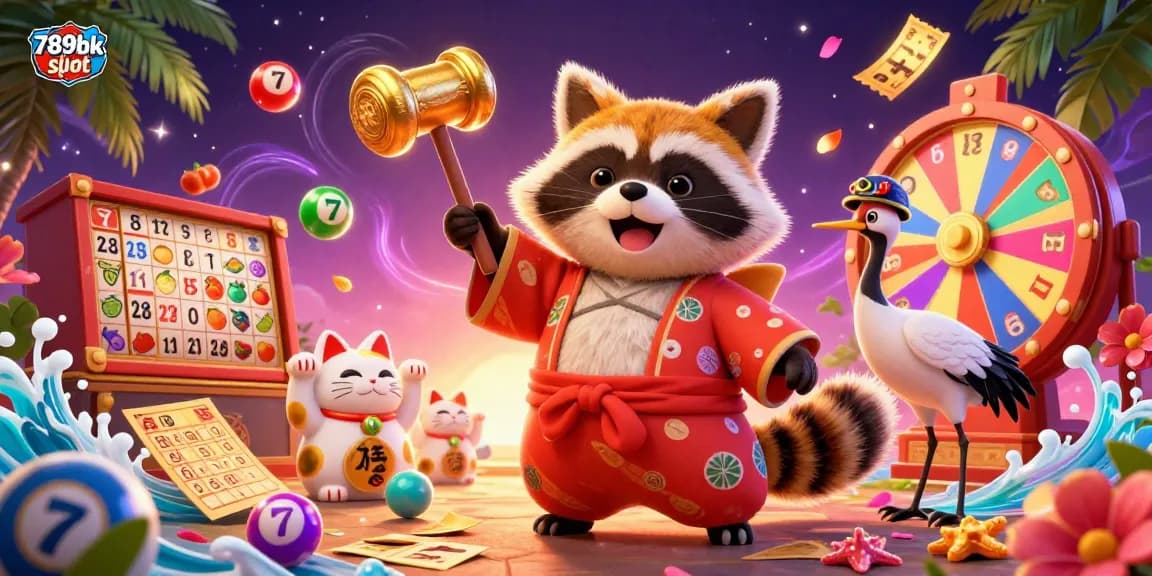 Engage with 789bk slot in a vibrant scene featuring a cheerful tanuki and colorful symbols, bringing luck and fun.
