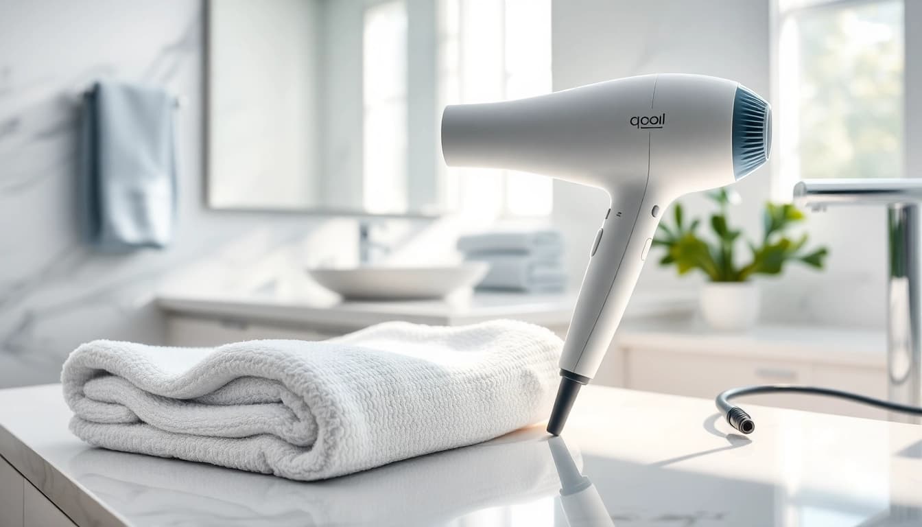 A stylish ionic hair dryer elegantly displayed on a countertop with luxurious towels.