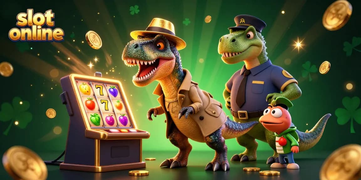 Experience thrilling slot online action with a velociraptor card counter amidst colorful slot reels and vibrant characters.