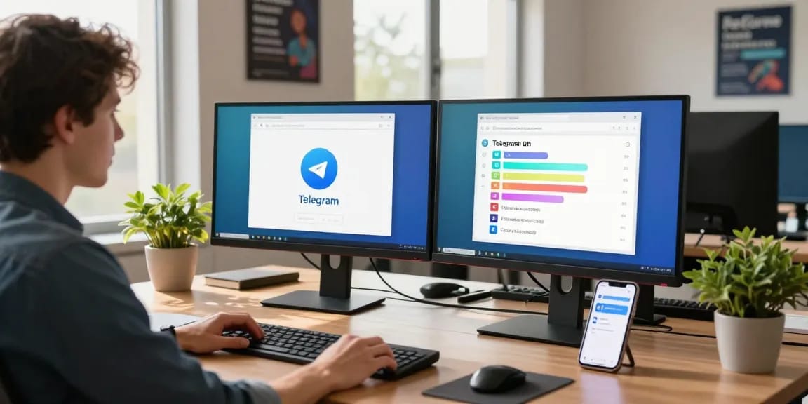 User customizing Telegram中文 settings in a modern tech workspace, surrounded by dual monitors and motivational decor.
