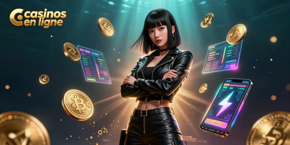 Scène captivante de casinos en ligne avec une femme asiatique saisissante et des pièces de Bitcoin flottantes, illustrant l'excitation du jeu en ligne.