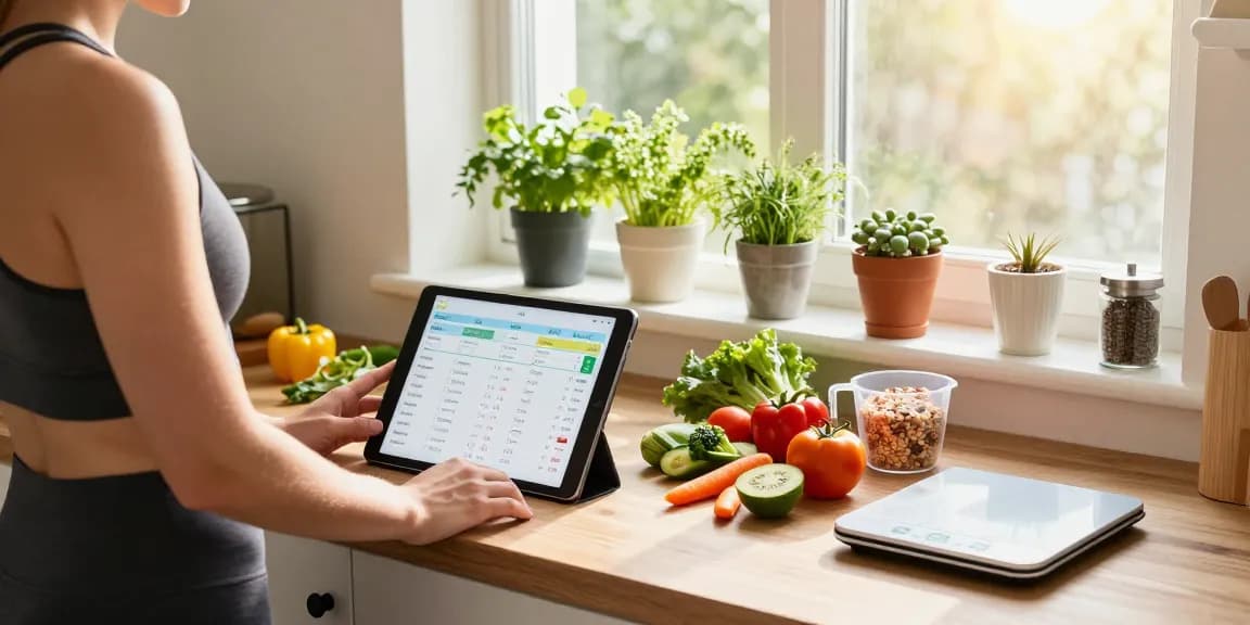 Health-conscious individual using the best calorie tracker in a bright kitchen while preparing nutritious meals.