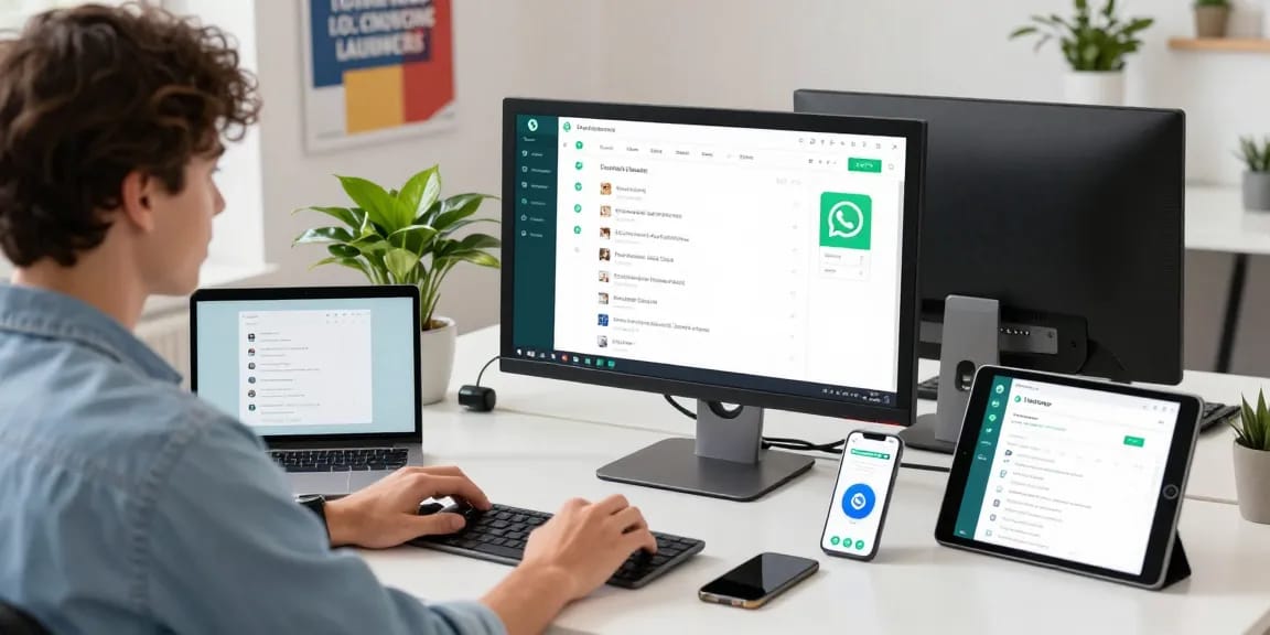 Professional using WhatsApp電腦版 in modern office setting, showcasing productivity and communication.