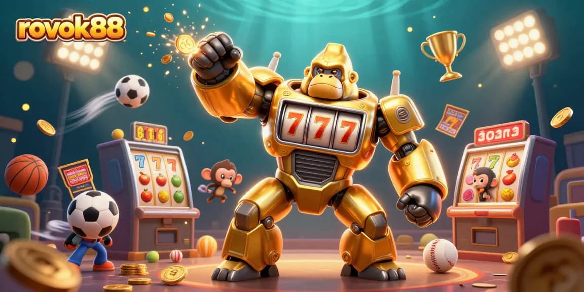 Experience rokok88's thrilling online casino adventure featuring an epic golden gorilla mech in dynamic action.