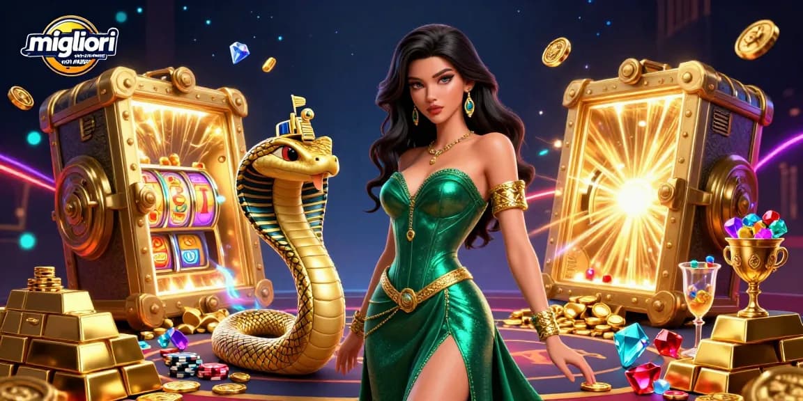 I migliori casino online non AAMS con una donna attraente in 3D, tesori dorati, elementi di gioco vibranti e un'atmosfera dinamica di casinò.