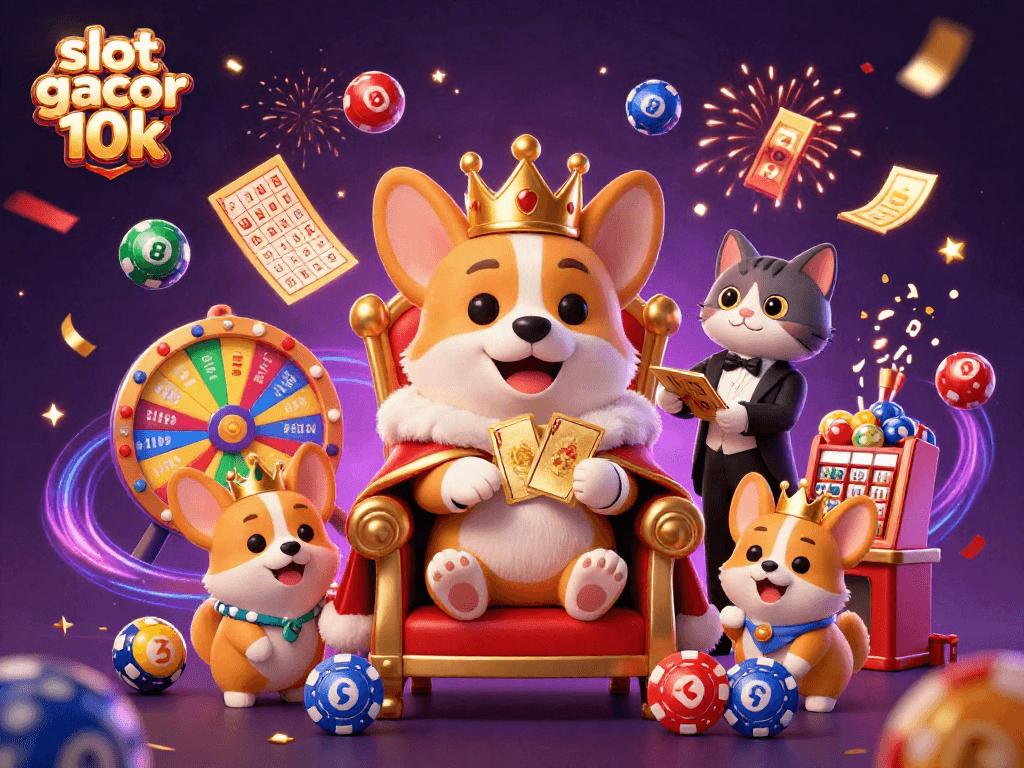 Experience the excitement of slot gacor 10k with a royal corgi on poker chip throne amidst vibrant casino elements.