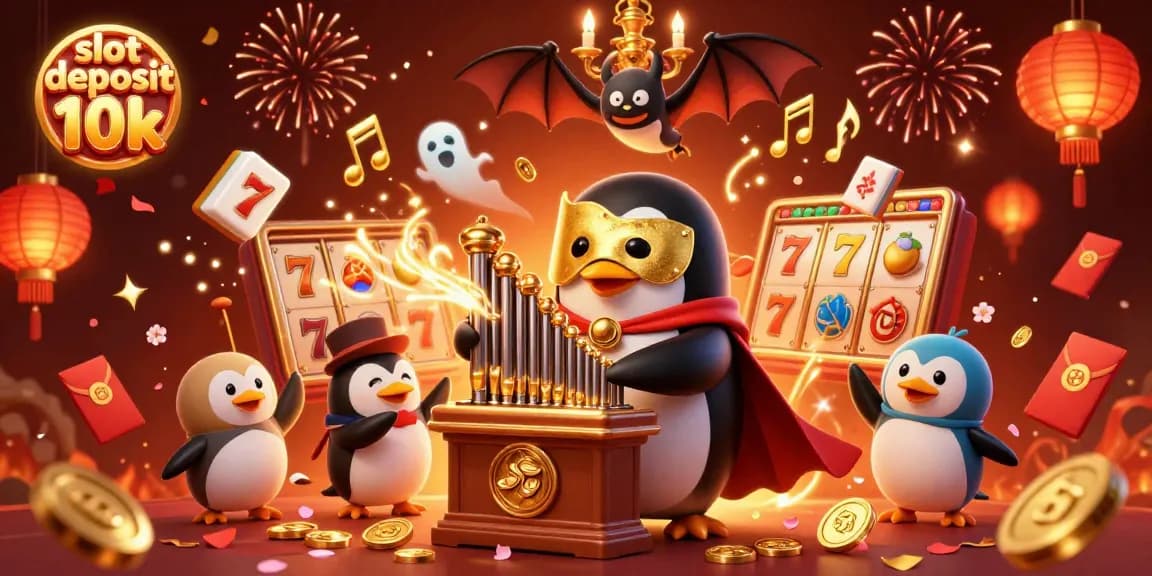 Spin to win on slot deposit 10k with golden coins from a pipe organ amidst vibrant casino elements.