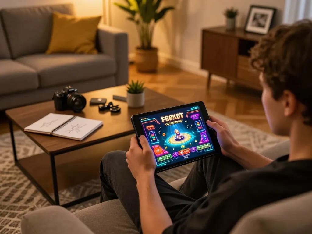 Engaging scene of a gamer enjoying f168slot on a tablet, demonstrating strategic gameplay in a cozy home setting.
