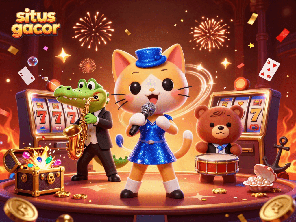 Experience situs gacor with a lively 3D jazz-themed casino scene featuring vibrant characters and game elements.