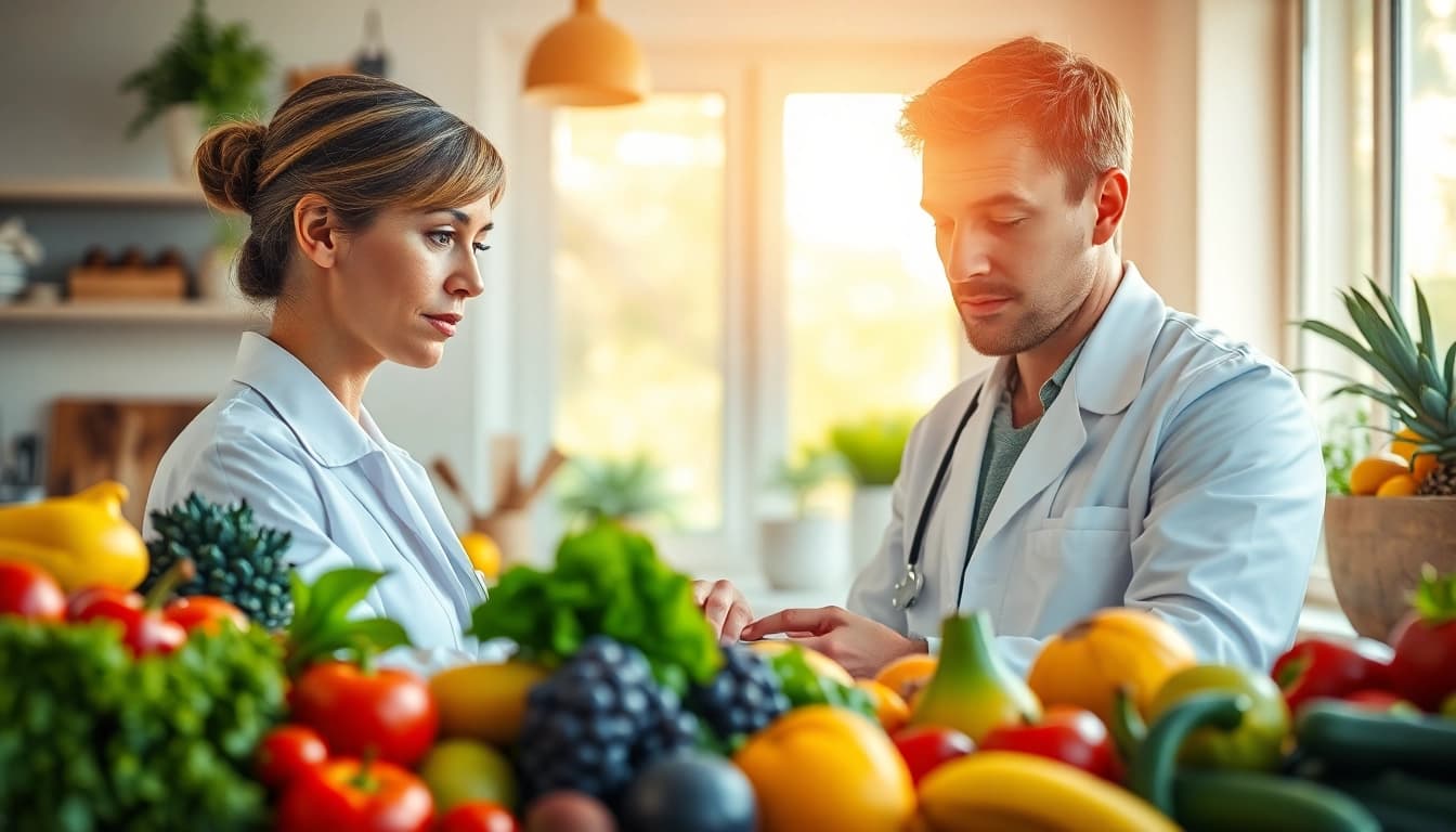 Evaluate health benefits of fresh produce with nutritionist in bright kitchen