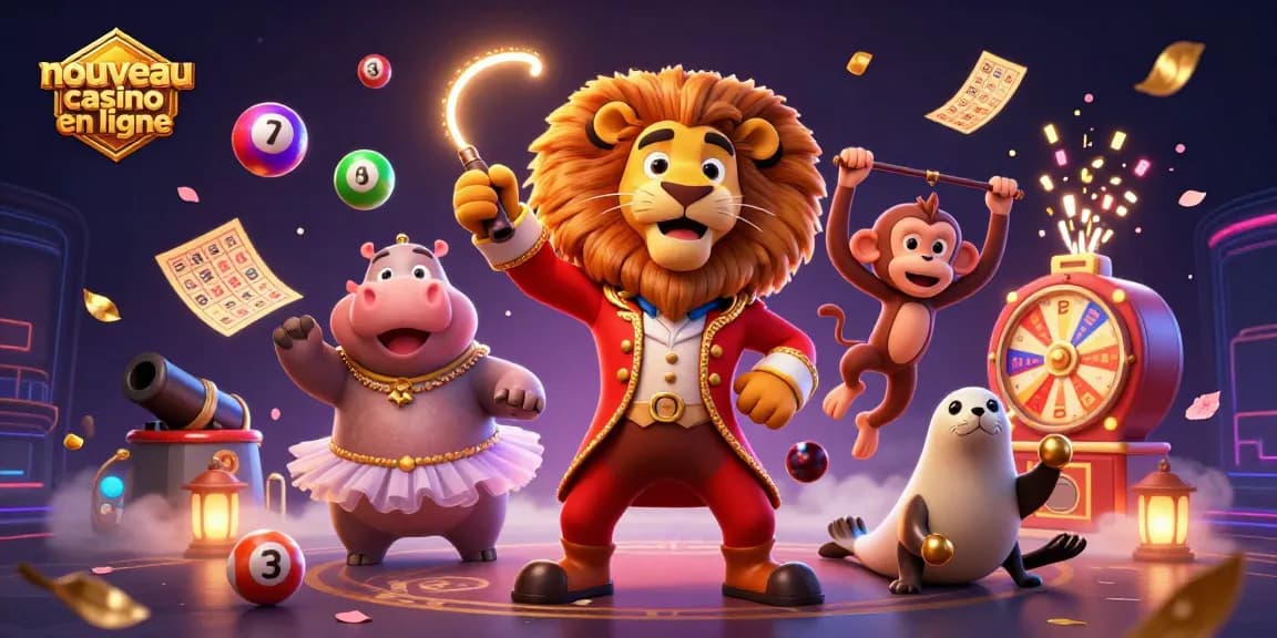Nouveau casino en ligne scène montrant un thème de cirque avec des personnages et des éléments de casino vibrants.