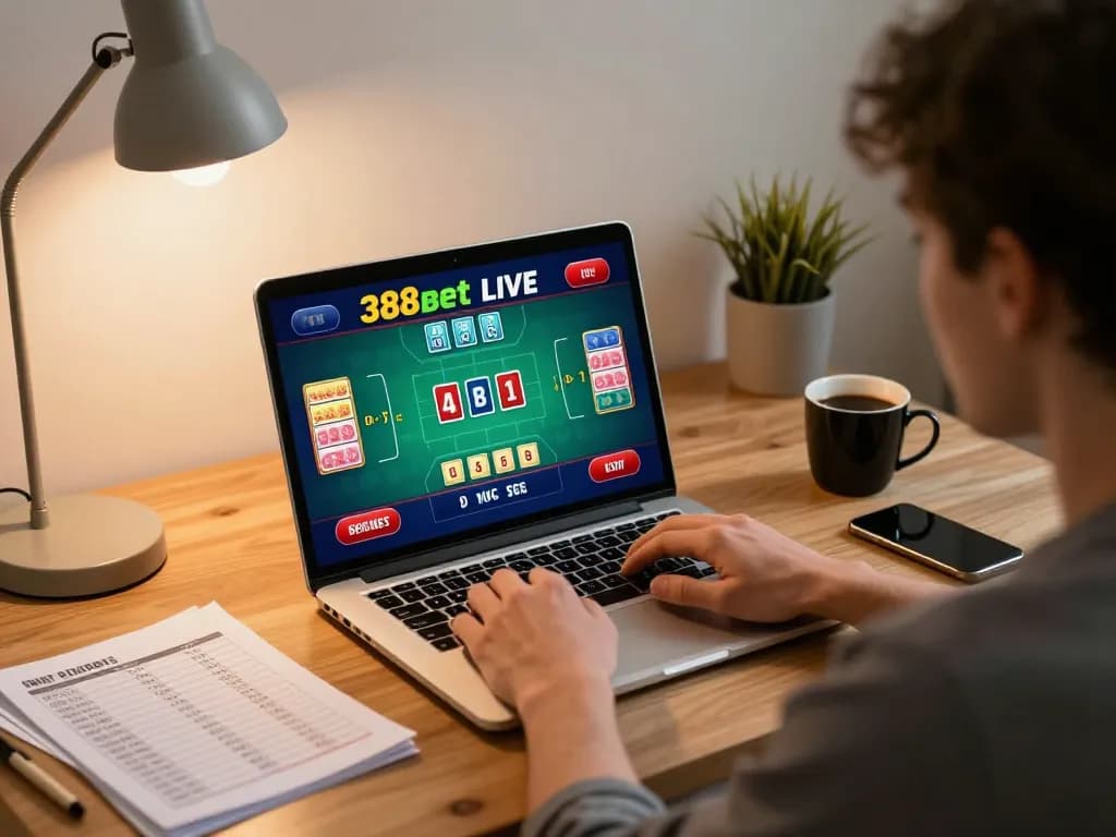 Engaging with live dealer game on 388bet from a comfortable home setup, highlighting strategic gameplay.