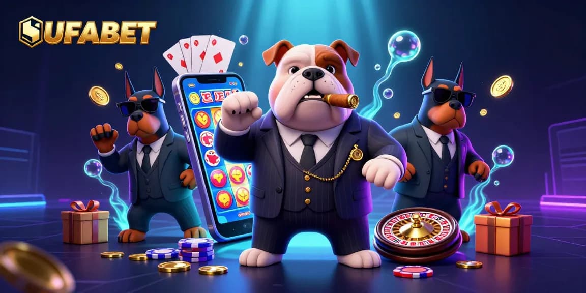 UFABET showcases exciting online gambling with vibrant 3D characters and casino elements in a rich illustration.