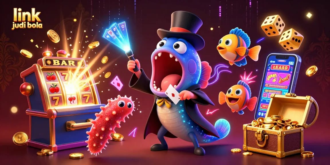 Engage with link judi bola as underwater creatures showcase casino magic amidst vibrant gaming elements.