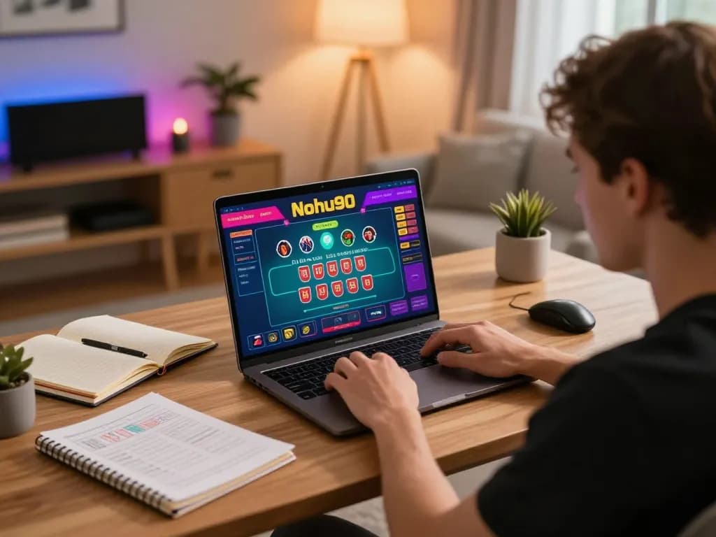 Nohu90 user experiencing live dealer gaming on a laptop, showcasing interactive online gambling.