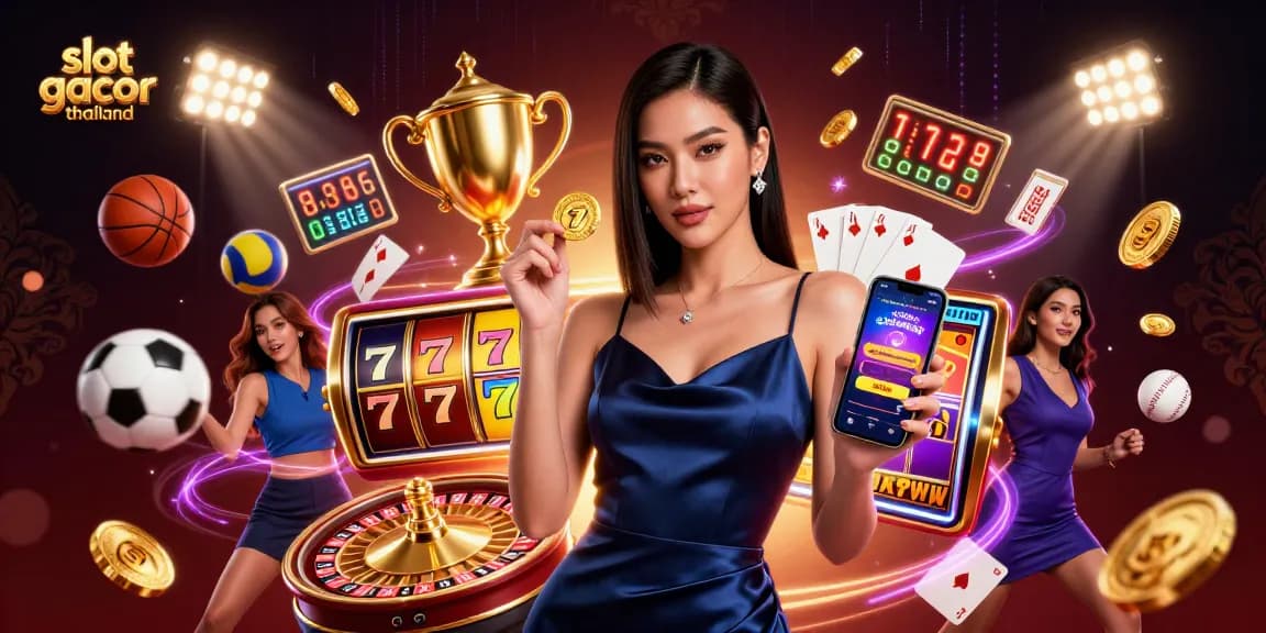 Experience slot gacor thailand with a stunning Asian woman showcasing a casino app and golden chip, surrounded by vibrant gaming elements.