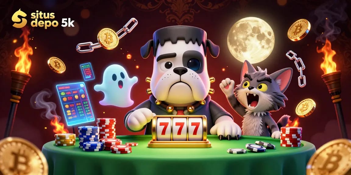 Slot depo 5k menampilkan aneka simbol kemenangan seperti jackpot, 7 keberuntungan dan koin crypto yang berkilau.