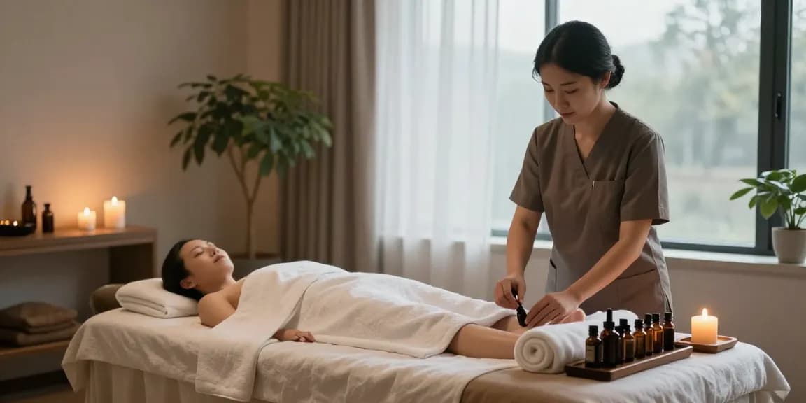 A tranquil spa setting showcasing makangs.com/region/국내/서울-/마사지-스웨디시, complete with soft lighting, essential oils, and a massage therapist at work.