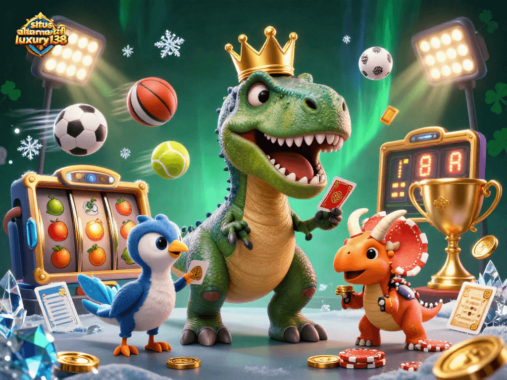 Menghadirkan situs alternatif luxury138 dalam ilustrasi kartun 3D yang berisi T-Rex, pterodactyl, dan triceratops menikmati permainan chip dan kartu.