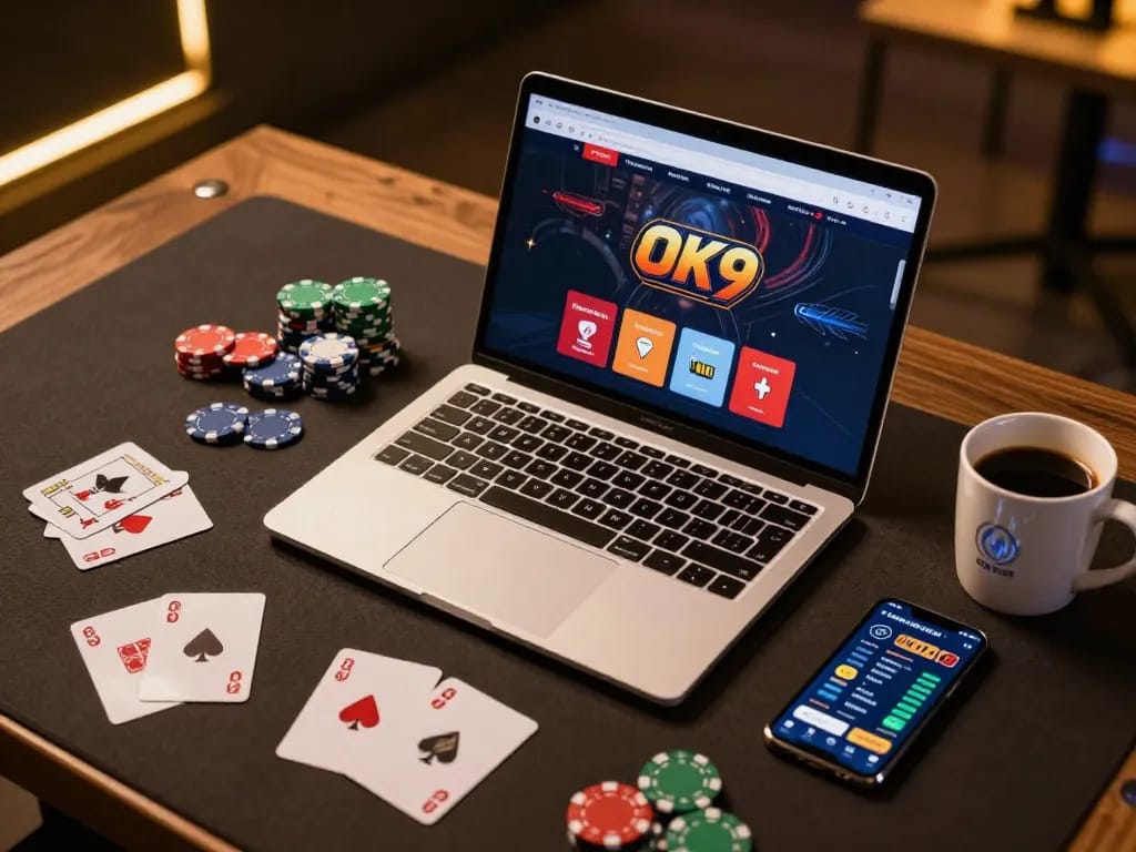 Engaging online gambling scene featuring the OK9 casino app on a laptop, showcasing strategic betting.