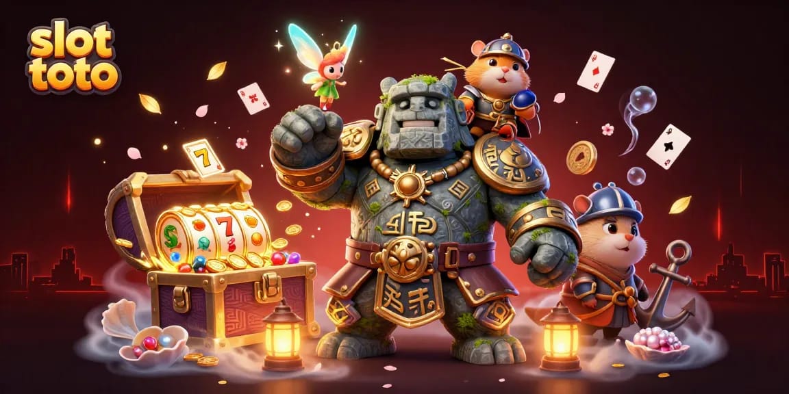 Experience excitement with slot toto gaming showcasing vibrant slot reels and treasure in a magical scene.