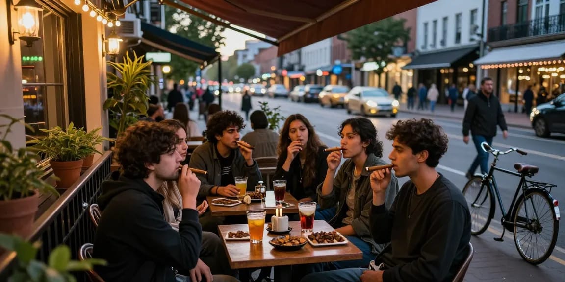Friends enjoying rokok88 tobacco blends at a cozy café in a vibrant city.