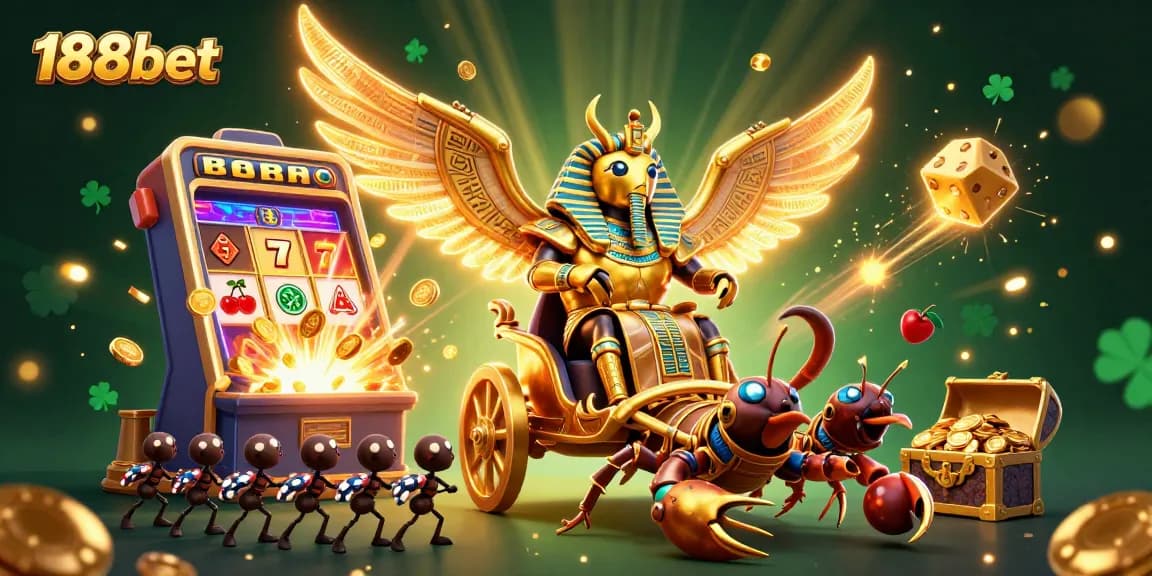 Engage in thrilling gameplay at 188bet with a lively 3D casino illustration showcasing symbols and excitement.