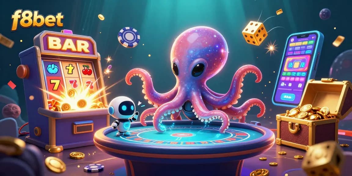 Experience vibrant gaming action with f8bet through its massive slot machine and alien octopus characters.