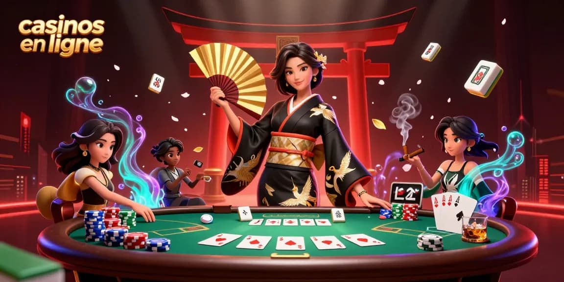 Découvrez les casinos en ligne avec une illustration 3D époustouflante d'une femme asiatique élégante dans une scène de jeu dynamique.