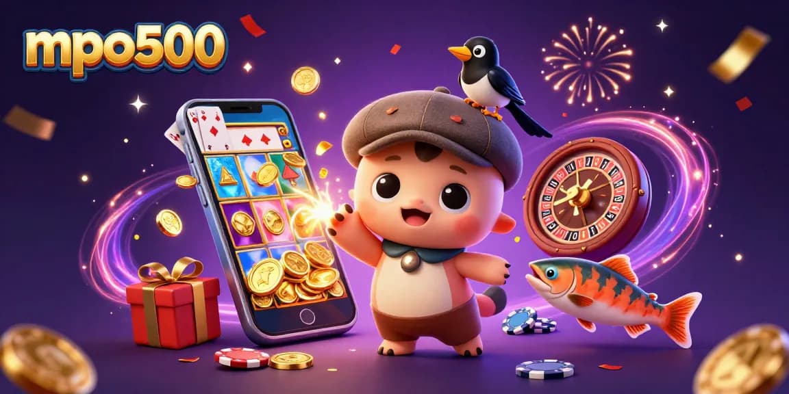 Spin to win with mpo500 where cartoon Nessie and friends celebrate slots and bonuses!
