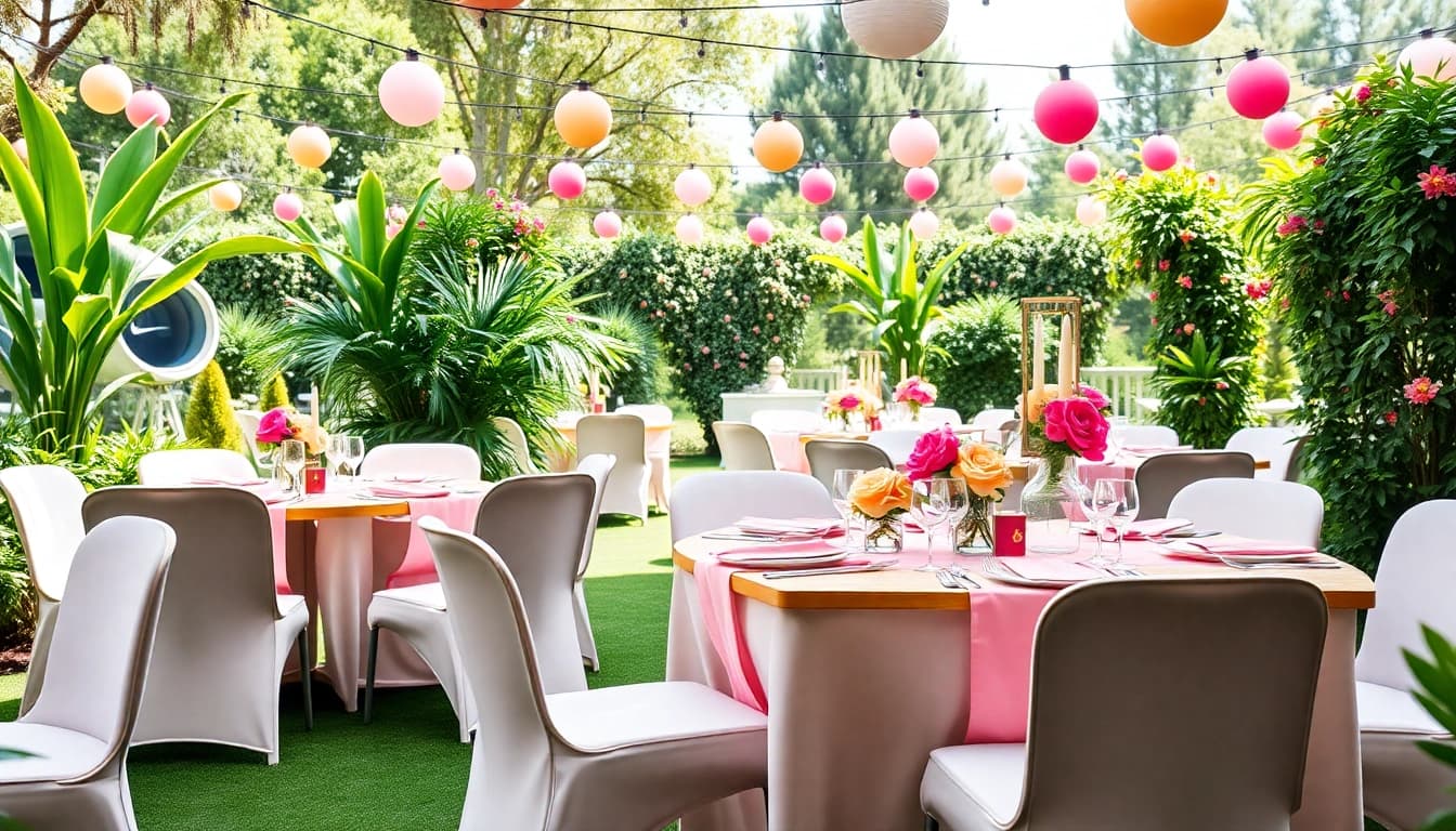 Stylish outdoor Table & Chair Rentals setup with vibrant greenery and elegant decorations.