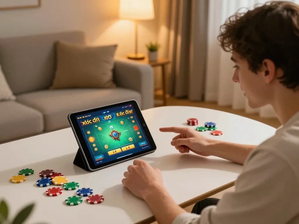 xóc đĩa online game interaction with colorful chips at a cozy home setup